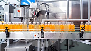 Conveyor belt, juice in bottles on beverage plant or factory interior, industrial production line, selective focus.