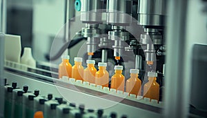 Conveyor belt, juice in bottles on beverage plant or factory interior, industrial production line, selective focus.