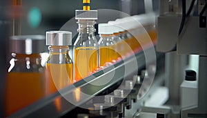 Conveyor belt, juice in bottles on beverage plant or factory interior, industrial production line, selective focus.