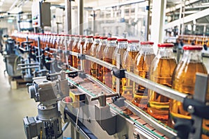 Conveyor belt, juice in glass bottles on beverage plant or factory interior, industrial manufacturing production line