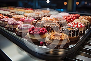 conveyor belt with many cakes on it