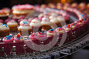 conveyor belt with many cakes on it