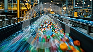 A conveyor belt with many different colored plastic bottles on it, AI