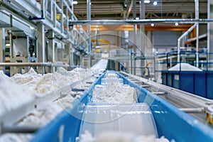 Conveyor belt in a modern cheese factory with fresh cheese curds