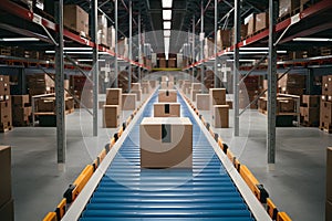 Conveyor belt moves cardboard box packages efficiently in warehouse