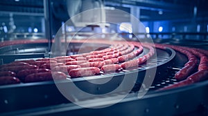 A conveyor belt moving raw sausages in a factory setting