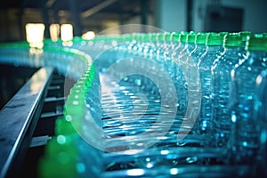 Conveyor belt with plastic bottles in a factory