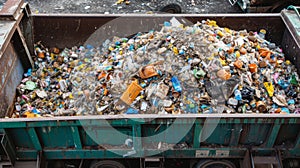 Conveyor belt at a recycling plant transporting a large amount of plastic bottles for processing.