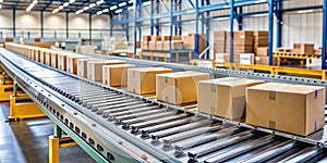 Conveyor belt in sorting center Boxes and parcels are moved along the belt for further dispatch to recipients AI-Generated Conte photo
