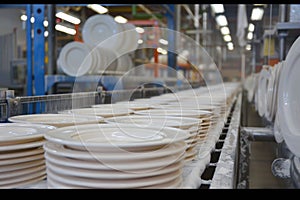 Conveyor belt with stacked ceramic plates in pottery factory. Automated manufacturing process