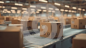 The Conveyor Belt System with Cardboard Boxes in a Modern Warehouse Setting AI generated image