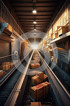 conveyor belt system transporting packages in warehouse