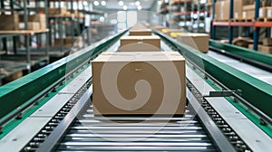 Conveyor belt transporting boxes in a large distribution warehouse.