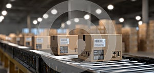 The conveyor belt transporting boxes in a modern warehouse setting. AI generated image