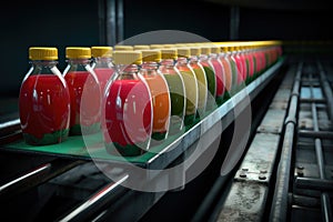 conveyor belt transporting unlabelled juice bottles