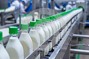 Conveyor belt with uniform milk bottles and green caps at dairy production plant