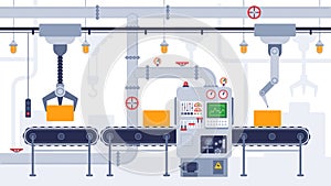 Conveyor. Industrial conveyor belt, manufacturing equipment, product transportation process, efficient automation