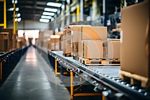 Conveyor line with cardboard boxes on it in distribution warehouse