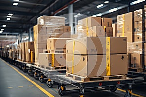 Conveyor line with cardboard boxes on it in distribution warehouse