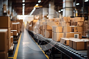 Conveyor line with cardboard boxes on it in distribution warehouse