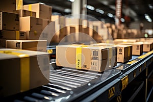 Conveyor line with cardboard boxes on it in distribution warehouse