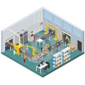Conveyor Line Factory Interior with Isometric View. Vector