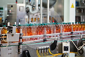 Conveyor line with plastic bottles of juice at modern factory equipment. Beverage manufacturing plant interior inside