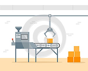 Conveyor Machine in Factory - flat illustration. Manufacture and packaging on factory by conveyor belt. Production concept.