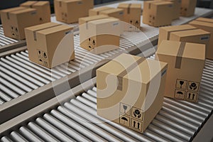 Conveyor with many cardboard boxes. Package delivery concept. 3D rendered illustration.