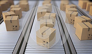 Conveyor with many cardboard boxes. Package delivery concept. 3D rendered illustration.