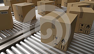 Conveyor with many cardboard boxes. Package delivery concept. 3D rendered illustration.