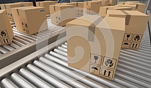 Conveyor with many cardboard boxes. Package delivery concept. 3D rendered illustration.