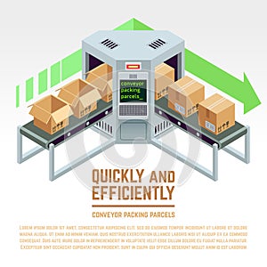 Conveyor packing parcels. Vector 3D isometric concept