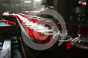 Conveyor with plastic bottles, closed caps, going deep into the workshop in the future, selective sharpness, artistic blurring of