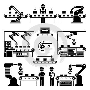 Conveyor production manufacturing line and workers vector icons