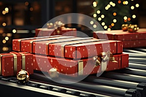 Conveyor roller carrying a 3D rendered Xmas gift box