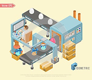 Conveyor system in flat design with Easter eggs in. Vector illustration