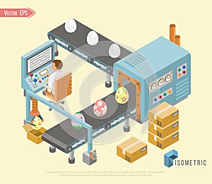 Conveyor system in flat design with Easter eggs in. Vector illustration