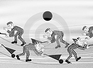 Convicts in striped robes transport wheelbarrows. Graphic stylization drawing. Humorous illustration