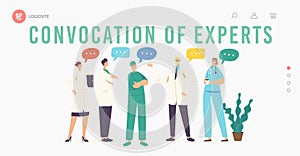 Convocation of Experts Landing Page Template. Hospital Healthcare Staff Meet for Concilium. Doctor Characters in Robe
