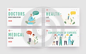 Convocation of Experts Landing Page Template Set. Hospital Healthcare Staff Meet for Concilium. Doctors in Medical Robe