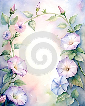 Convolvulus flowers watercolor card for wedding greetings birthday invitations, AI generated.