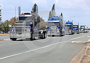 Convoy of blue trucks