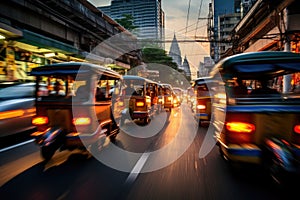 A convoy of buses driving in unison down a city street bordered by towering buildings, Tuk tuks weaving through traffic in