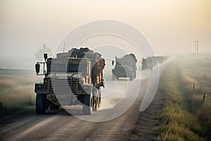 a convoy of military trucks driving down a dirt road