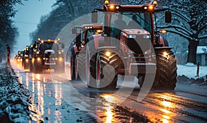 Convoy of Modern Agricultural Tractors on a Wet Road at Twilight, Representing Farming Machinery in Action During Seasonal