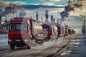 Convoy of red oil tanker trucks on the road near the oil refinery in winter season with dramatic sky