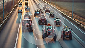 A convoy of tractors with activated lights participating in a rally on a busy urban road.