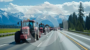 A convoy of tractors with activated lights participating in a rally on a busy urban road.