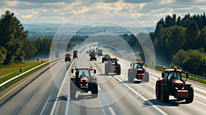 A convoy of tractors with activated lights participating in a rally on a busy urban road.